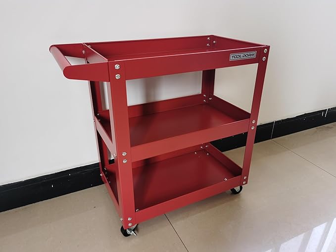 Utility Service Cart, 3 Shelf 150LBS Heavy Duty Steel Rolling Utility Cart, Medium Lipped Shelf, 360° Swivel Wheels, Ergonomic Storage Handle for Warehouse Garage, Red