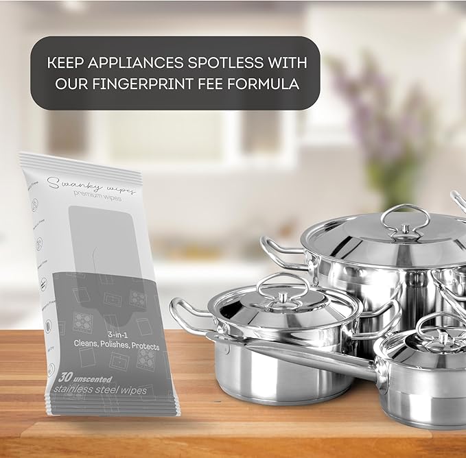Swanky Stainless Steel Cleaner Wipes - Grime & Grease Remover Kitchen Cleaning Supplies - Clean & Shine, For Stove Top, Refrigerator, Sink, Oven, & Household Appliances - Soft Wipes, 60 Count