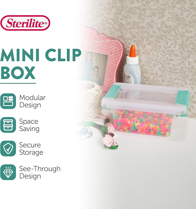 Sterilite 12-Pack Clip Box, Stackable Clear Plastic Bins with Latching Lids, Mini - Writing, Arts or Crafts Supplies Storage Containers for Home, Office, Classroom and Workshop Organization