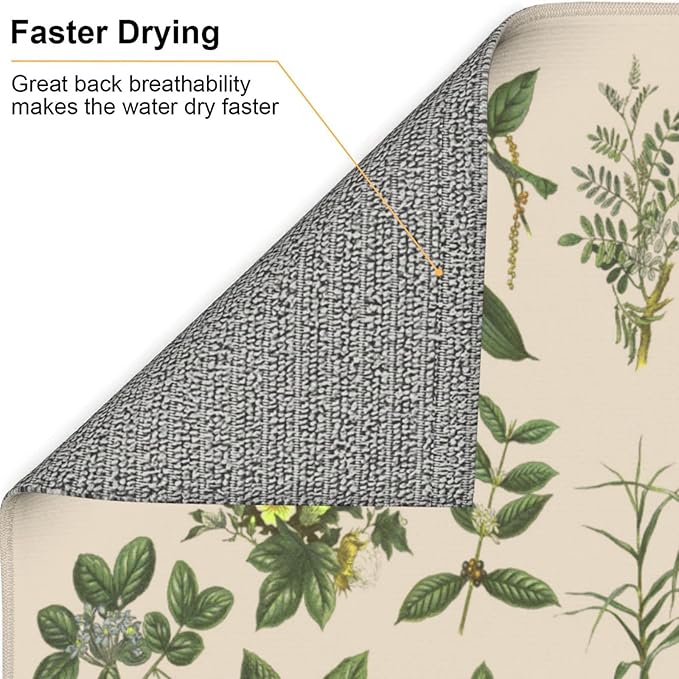 Vintage Plants Herbs Floral Color Microfiber Dish Drying Mat For Kitchen Countertop Absorbent Reversible Drainer Rack Pad 18 X 16 Inch