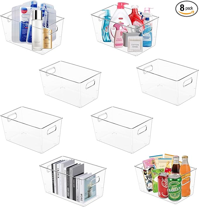 MOONEDGE 8-Pack Clear Plastic Storage Bins — Open-Top PET Containers and Organizers, 11" x 8" x 6" Clear Boxes for Pantry, Garage, Shelf and Multi-Purpose Home Organization