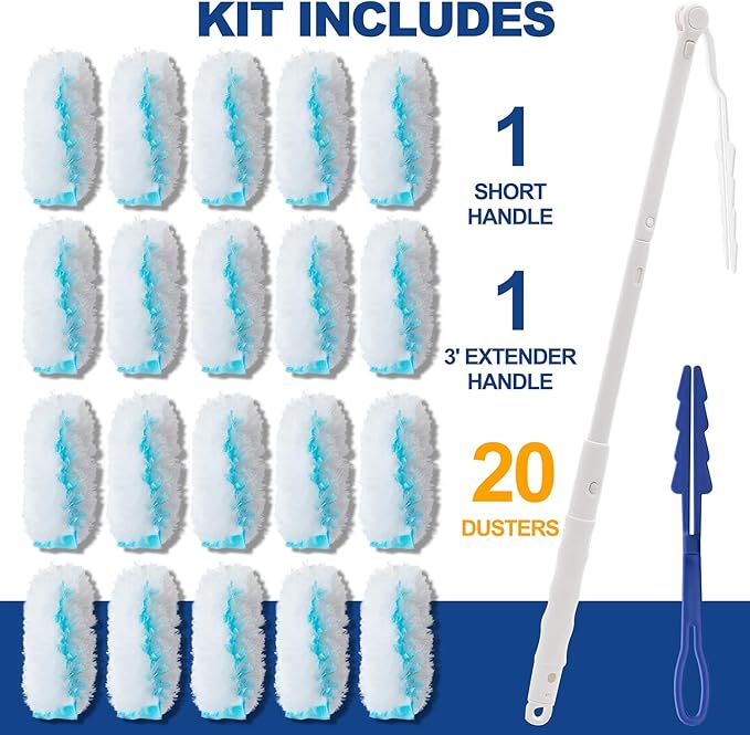 20 Duster Refills & 2 Handle for Cleaning Home & Car, Heavy Duty Multi Surface Duster Refills for Office, Blinds