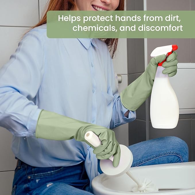 Rubber Cleaning Gloves for Dishwashing, 4 Pairs Reusable Kitchen Gloves for Washing Dishes and Household Cleaning, Green Dish Gloves with Flocked Lining and Non-Slip Grip, Pefect for Woman Men - M