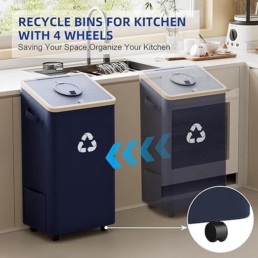 26 Gallon Recycling Bin for Kitchen, 100L Recycle Bin with Lid, Recycle Bins for Kitchen with 4 Wheels(Lockable),2 Reusable Inner Bags, for Bottle Can Glass Plastic Stickers, Dark Blue