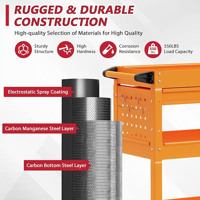 3 Tier Rolling Tool Cart on Wheels, Heavy Duty Service Cart Industrial Utility Cart with Drawer and Screwdriver Rack Pegboard, 550 LBS Mobile Tool Storage Organizer for Garage, Workshop (Orange)