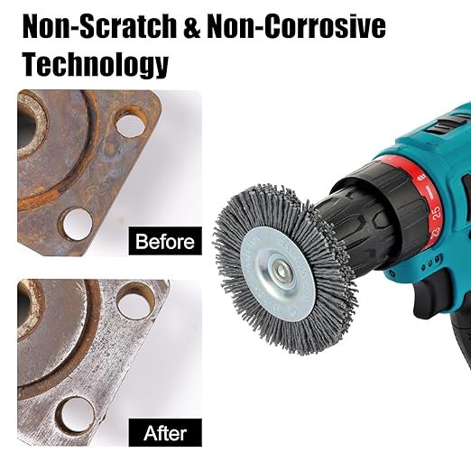 MAXMAN Nylon Drill Brush Set for Rust Removal - 9 Pack Abrasive Wheel & Cup Brush Attachments, 1/4" Hex Shank, Remove Paint & Corrosion from Metal, Wood - Heavy Duty Tools for Drills & Impact Drivers
