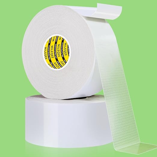 2Pack Double Sided Tape Heavy Duty, 2in x 66FT, Universal High Tack Strong Wall Adhesive with Fiberglass Mesh, Super Sticky Resistante Clear Tape, Easy Use Mounting Tape White