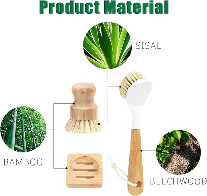 Bamboo Palm Dish Brush Set, Natural Bristle Dish Brush with Holder, Eco Friendly Soft Scrub Kitchen Brush for Dishes and Vegetables