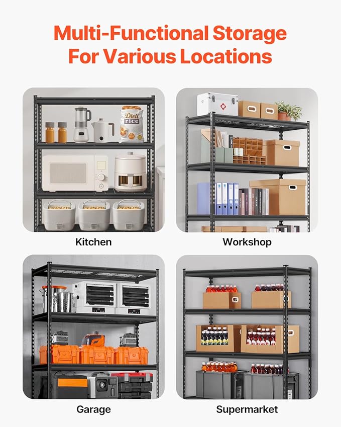 VEVOR Storage Shelves, 2500 lbs, 5 Tier Heavy Duty Garage Shelving, 18" D x 48" W x 72" H Adjustable Metal Shelves for Industrial Shelving Unit Utility Shelf, for Kitchen, Warehouse, Basement, Black