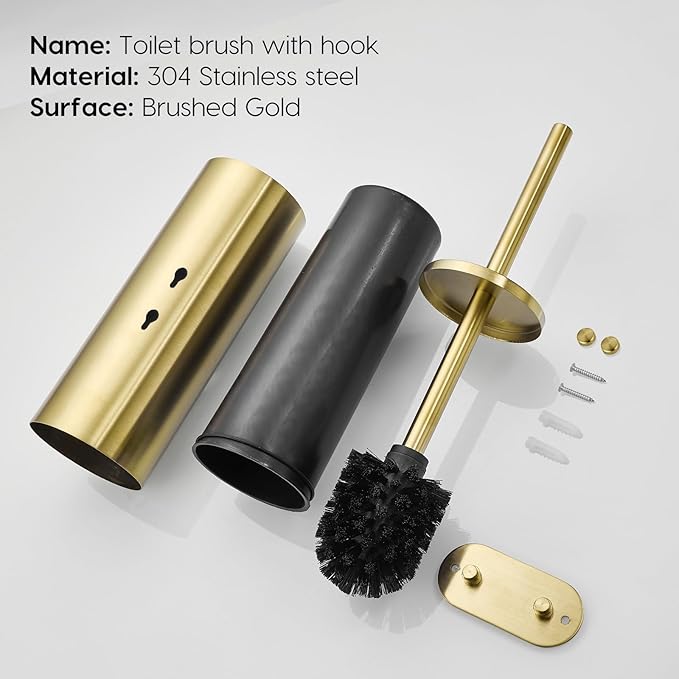 Gold Brushed Stainless Steel Toilet Brush and Cover, No-Punch Hook Base Dual Purpose Toilet Brush Holder with Removable Inner Bucket and Splash Cover - Soft Bristles (Brushed Gold)