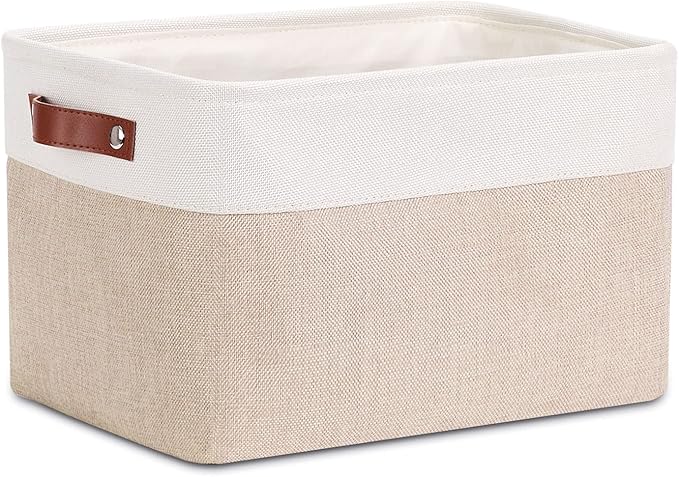 DULLEMELO Collapsible Rectangle Fabric Storage Basket for Organizing Clothes, Toys, Towels, Books, Laundry, Nursery, Dog Toys (White & Khaki)