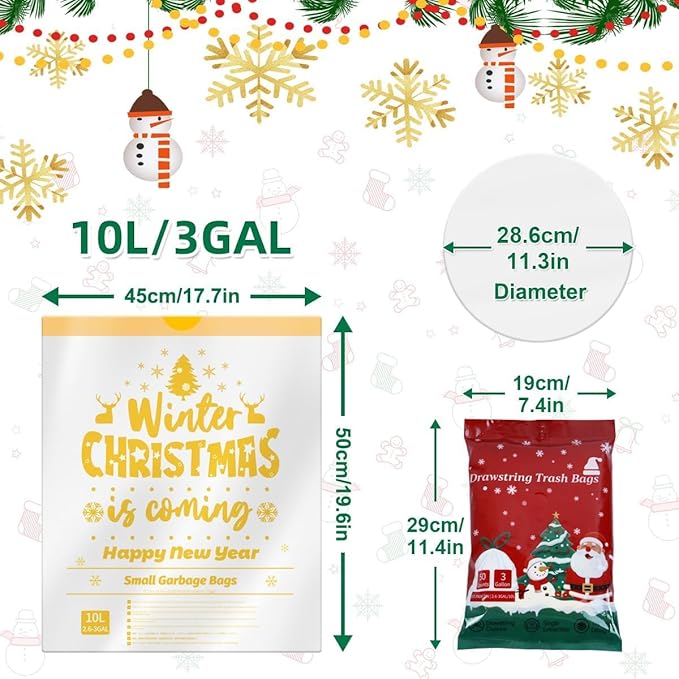 XUXRUS Small Christmas Trash Bags, 3 Gallon Christmas Garbage Bags 50 Count, Holiday Trash Bags, Festive Gold Printed Drawstring Garbage Bags for Kitchen & Bathroom, Holiday Supplies