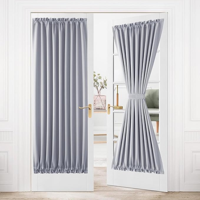 DWCN French Door Curtains – Rod Pocket Thermal Blackout Curtain for Doors with Glass Window, Kitchen and Patio Doors for Privacy, 54 X 72 Inches Long, 1 Curtain Panel with Tieback，Silver Grey