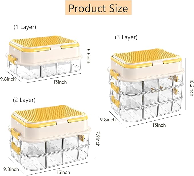 Toy Storage Organizer Box with Handle, Stackable Building Block Toy Box with Building Plate Lid & Removable Sorting Trays, Cubby Bins and Containers 2 Layer (Lemon)