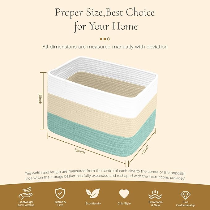 Hopegiver Woven Storage Baskets 15x11x10 Inch, 3 Pack Collapsible Cube Storage Bin for Shelves - Foldable Cotton Rope Organizer Bins for Towels, Toys, Books, Closet, Nursery (White Cream Green)