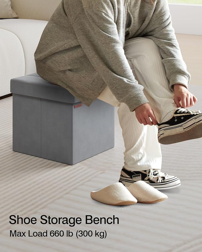 Folding Storage Ottoman, Velvet Storage Bench, Footrest, Footstool, for Living Room, Bedroom and Office,15 x 15 x 15 Inches, 300 kg Load Capacity, Dove Gray UASND04G