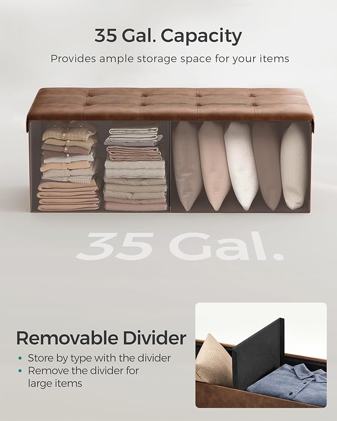 SONGMICS Mazie Collection - 43 Inches Folding Storage Ottoman Bench, Ottoman with Storage, Foot Rest Stool, Load 660 lb, Living Room, Bedroom, Entryway, Synthetic Leather, Coffee Brown ULSF070K01
