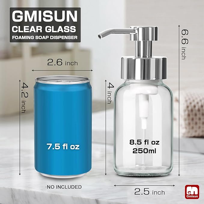 GMISUN Foaming Soap Dispenser, 2 Pcs 8.5 Fl oz Clear Glass Soap Dispenser, Modern Hand Soap Dispensers for Bathroom & Kitchen, Refillable Foam Soap Dispensers with Silver Pumps & Waterproof Labels