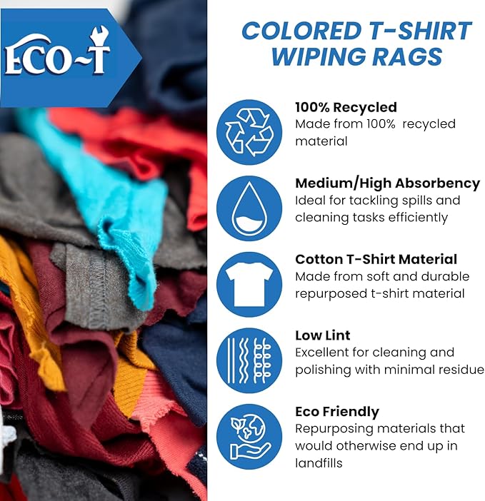 1 Lb Bag Eco-T Mechanic Shop Rags - Colored T-Shirt Material, 100% Recycled, Eco-Friendly, High Absorbency, Low Lint, Low-Cost, Industrial Use Wiping Cloth
