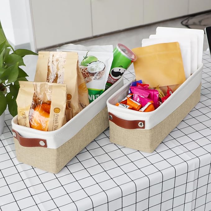Univivi 4PC Long Narrow Storage Baskets, Small Fabric Storage Bins with PU Handles for Closet,Cabinet,Countertop Organizing Small Items(Khaki-15x6x5 inch)