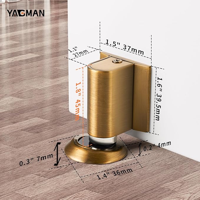 1 Pack Magnetic Door Stoppers Retractable Bottom of Door Holder No Drilling Mount Floor Door Stop with Screws and Adhesive Catch Door Keep Door Open Antique Brass AB-1