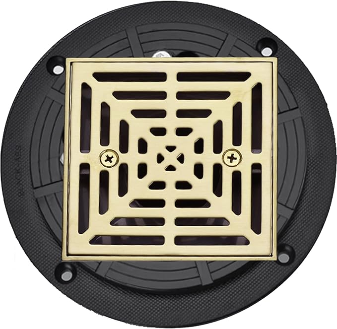 RANDOM Brushed Gold Shower Drain 4 inch Square Shower Drain with Adjustable PVC Base Flange,SUS304 Stainless Steel Shower Floor Drain with Removable Cover Grid Grate