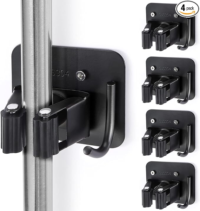 Stainless Steel Broom Holder, Heavy Duty, Rust Resistant, 4 Gripper Positions with 4 Hooks, Black