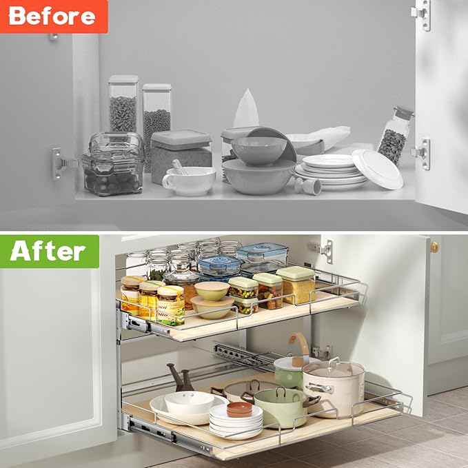ROOMTEC 2 Tier Individual Pull Out Cabinet Organizer 31½"W x 21½"D, Slide Out Wood Shelves Organizers, Pull Out Drawers Organization and Storage for Kitchen Cabinet