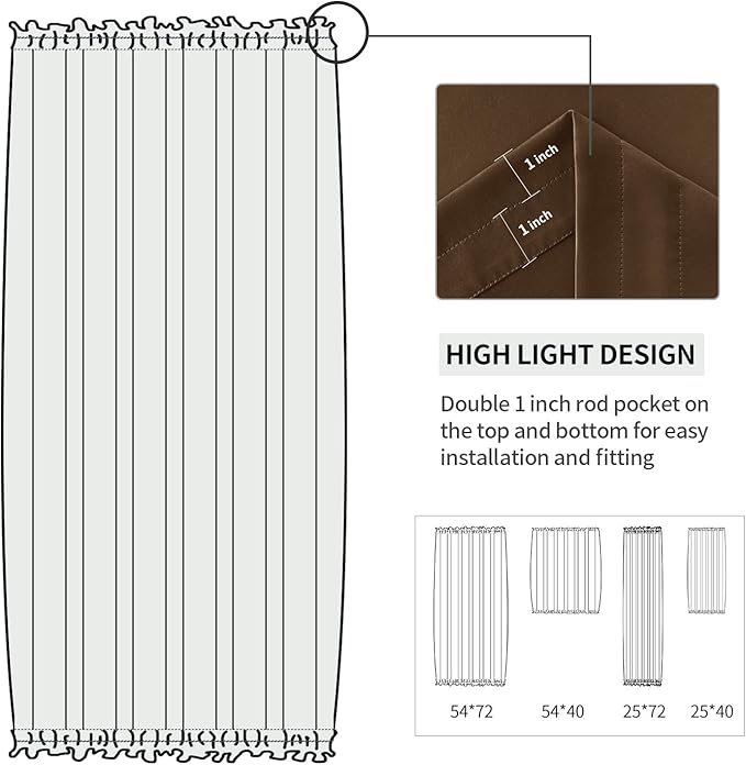 DWCN French Door Curtains – Rod Pocket Thermal Blackout Curtain for Doors with Glass Window, Kitchen and Patio Doors for Privacy, 54 X 40 Inch Length, 1 Curtain Panel with Tieback, Brown