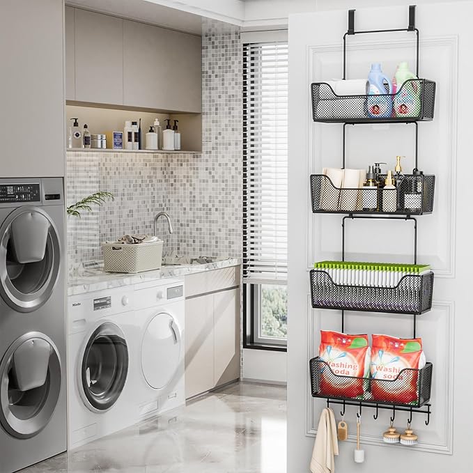 HapiRm Over The Door Organizer - Hanging Door Organizer with 4 Metal Large Capacity Baskets and Adjustable Coat Hook for Bathroom Bedroom Kitchen Pantry Closet Cabinet