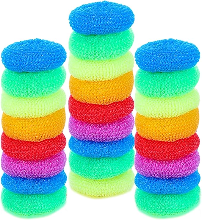 25 Pcs Plastic Dish Scrubbers, Reusable Non-Scratch Nylon Scouring Pads Bulk for Kitchen Cleaning - Multi-Color Poly Mesh Dishwashing Pads (Plastic Dish Scrubber)