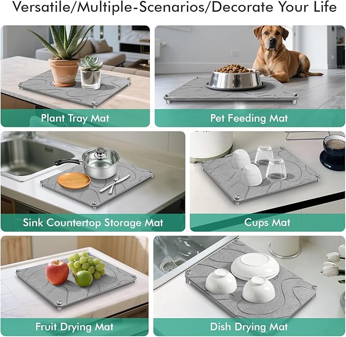 Stone Drying Mat For Kitchen Counter Superb Absorbent Diatomaceous Earth Mats with Non-Slip Feet Quick Dry Stone Dish Drying Pad Dish Pad Multi-Purpose(Flow Line-MediumGray, 15.7" x 11.8")
