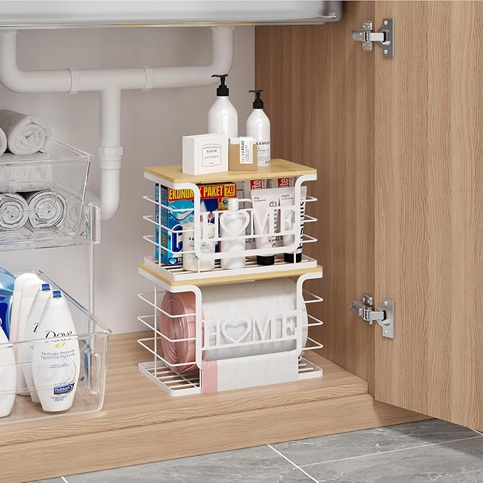 Trash Bag Holder, Thipoten Trash Bags Dispenser with Bamboo Top, Suitable for Garbage Bags Purchased Online or Supermarket, Perfect Storage Organizers for Cabinet, Under Sink (White, 2pack-XL/L)