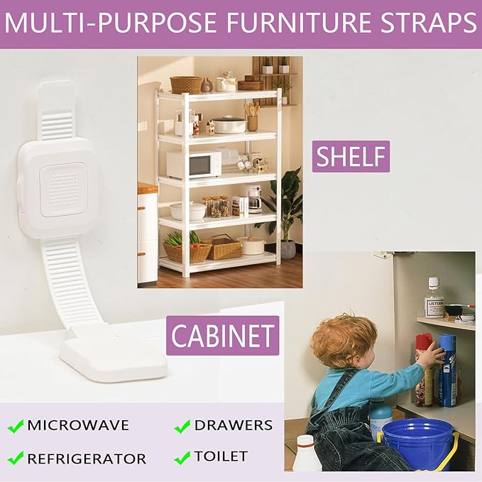 Upgraded No Drill Adhesive Furniture Anchor, Adjustable Anti Tip Furniture Wall Straps for Baby Proofing & Pets, Secure to Playroom, 4 Pack