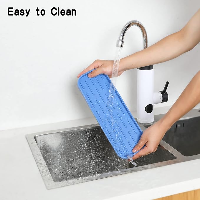 Silicone Kitchen Sink Organizer Tray for Multiple Usage,Eco-Friendly Sponges Holder for Kitchen Bathroom Counter or Sink,Dish Soap Dispenser,Scrubber,Bottle,Cup (Lichen Blue, 12"×4")