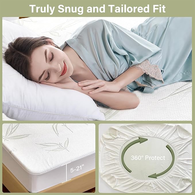 Twin XL Mattress Protector Waterproof Mattress Pad Washable Bamboo Rayon Mattress Cover Breathable Noiseless Bed Protector 5" - 21'' Elastic Fitted Deep Pocket