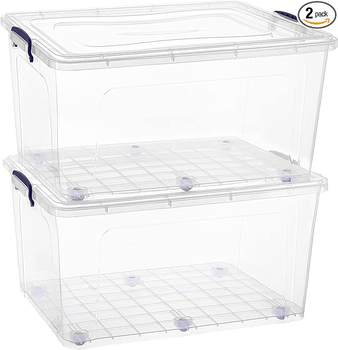 Superio Clear Storage Boxes with Wheels (2 Pack), 85 Qt Heavy Duty Containers with Lids, Stackable Rolling Bins for Home, Garage, Closet Organization- Linen, Tools, Clothing, Supplies