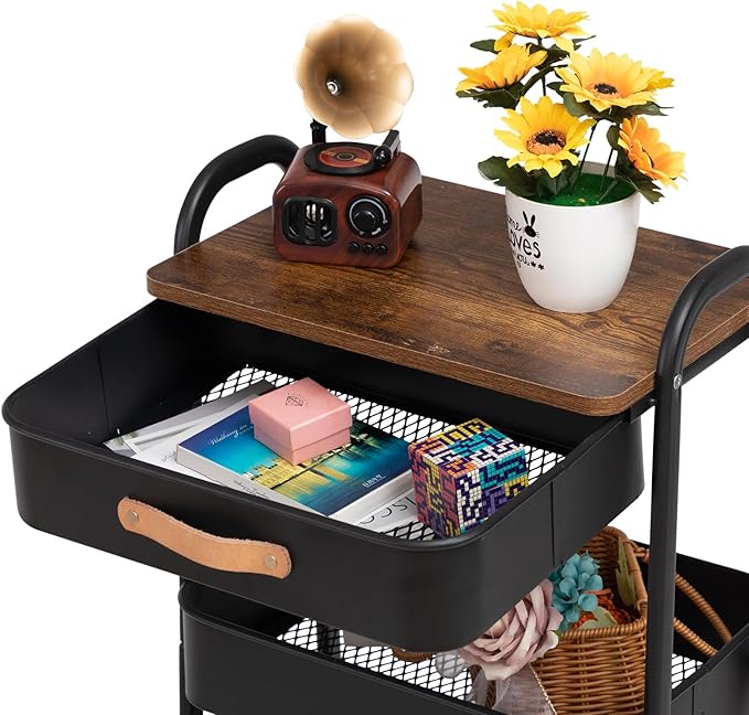 AGTEK Movable Rolling Organizer Cart with Drawer, 3 Tier Metal Utility Cart with Hanging Cups, Drawer with Leather Handle, Mobile Trolley Cart for Home & Office, Black
