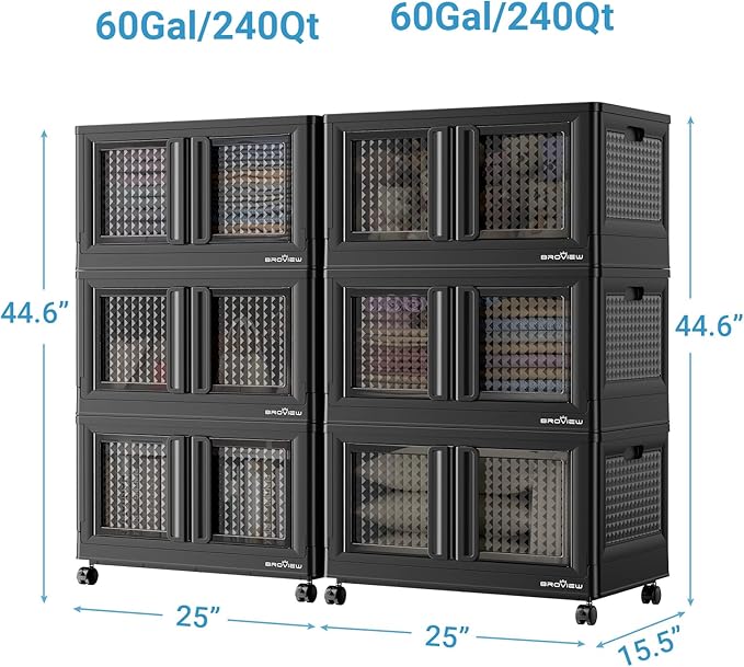 BROVIEW 120Gal Stackable Storage Bins with Lids & Wheels, 480Qt Plastic Collapsible Closet Organizer and Storage Drawers, Storage Boxes Cabinets for Home, Office, 6 Pack, Black