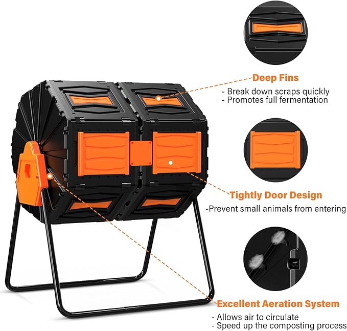 Compost Tumbler, Easy Assemble & Efficient Outdoor Compost Bin, 45 Gallon/170 Liter Large Dual Chamber Rotating Composter for Garden, Kitchen, and Yard Waste, Orange Door
