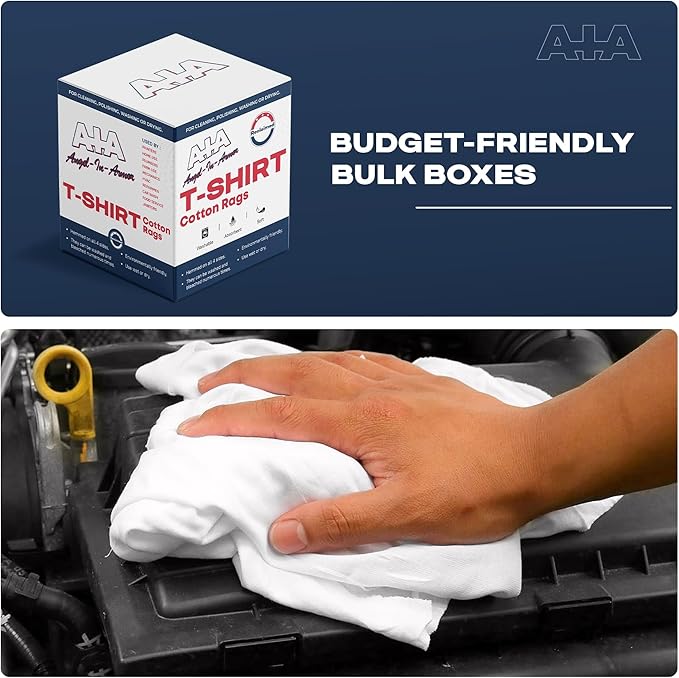 Angel-in-Armor White T-Shirt Rags – 50lb Bulk Box of Recycled Cotton Knit Shop Rags – Low Lint Cleaning Cloths for Mechanics, Oil Changes, Industrial and Commercial Use
