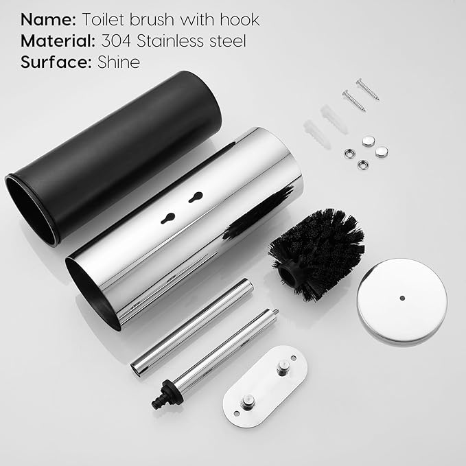 Toilet Brush and Brush Holder, Stainless Steel No-Punch Hook Base Dual Purpose Toilet Brush Holder with Removable Inner Bucket and Splash Cover - Soft Bristles (Chrome)