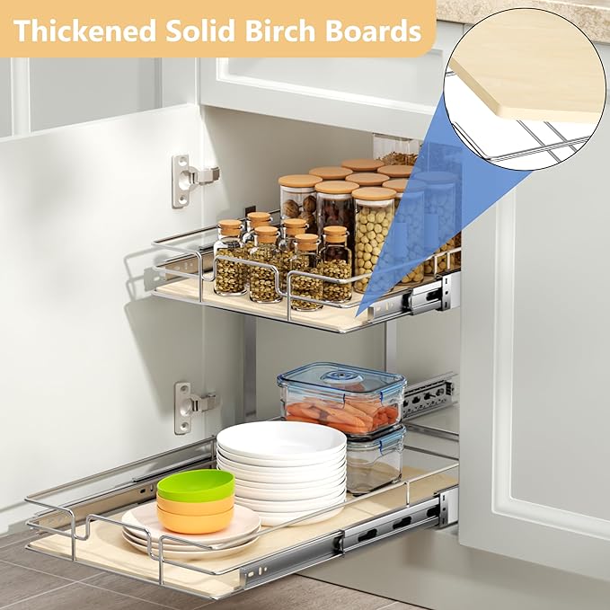 ROOMTEC 2 Tier Individual Pull Out Cabinet Organizer 10½"W x 21½"D, Slide Out Wood Shelves Organizers, Pull Out Drawers Organization and Storage for Kitchen Cabinet