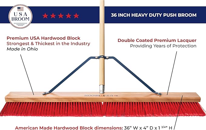 USA Broom 36" Everyday Sweep Indoor/Outdoor Push Broom with 60" Handle. Ideal for Garages & Shops. Durable American Made Steel Brackets-All Stainless Steel Hardware. No Plastic. 100% Made in The USA.