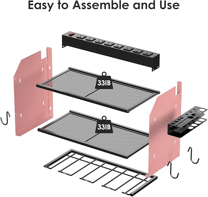 CCCEI Modular Power Tool Organizer Wall Mount with Charging Station. Garage 4 Drill Storage Shelf with Hooks, Drill Bit Heavy Duty Rack, Pink Tool Battery Holder Built in 8 Outlet Power Strip.