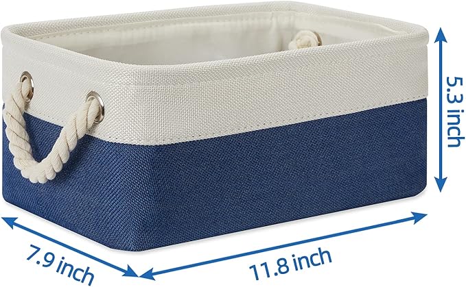 Temary Small Storage Baskets for Shelves, 6 Pcs Empty Gift Baskets for Organizing Clothes, Books, Fabric Storage Bins with Rope Handles (White&Blue,11.8 L x 7.9 W x 5.3 H inches)