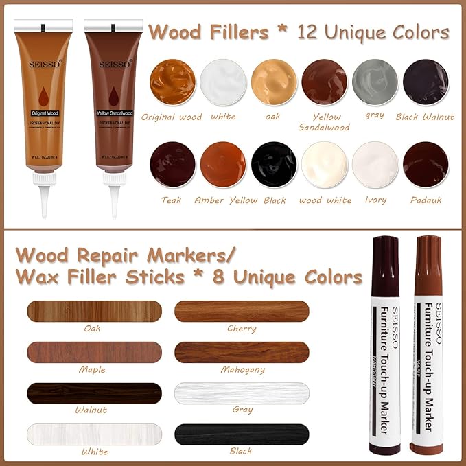 SEISSO Wood Scratch Repair Kit - Set of 36 Wood Filler Putty for Scratches Furniture Markers Touch Up Vinyl Floor Repair Kit - Restore a Finish, Cover Hardwood Scratches, Cracks, Hole, Table, Door