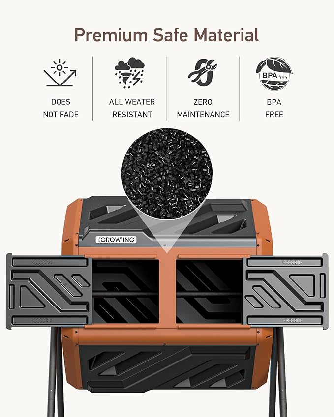 THEGROW'ING Updated 43 Gallon Outdoor Compost Bin. with Thermometer, Fast to Assemble. Tumbling Design, Dual Chambers. Rotating Function, Ideal for Outside, Backyard, Garden, Yard. Orange.