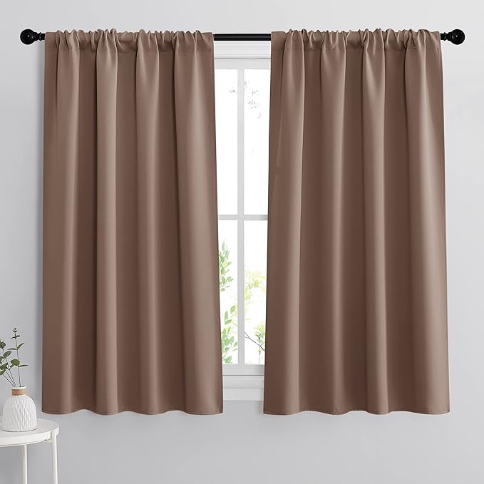 RYB HOME Bedroom Balckout Curtains - Small Window Decoration Solid Insulated Drapes Energy Efficiency Drapes for Kitchen Home Office Dining, Width 42 x Length 45 inch, Mocha, 2 Panels