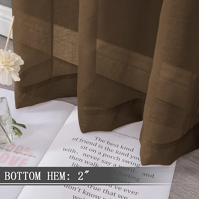 Tollpiz Sheer Curtains Bedroom Linen Textured Curtain Sheers Light Filtering Voile Rod Pocket Curtains for Living Room, 38 x 84 inches Long, Brown, Set of 2 Panels